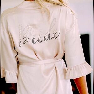 Bride pearl beaded embellished satin ruffle kimono robe
